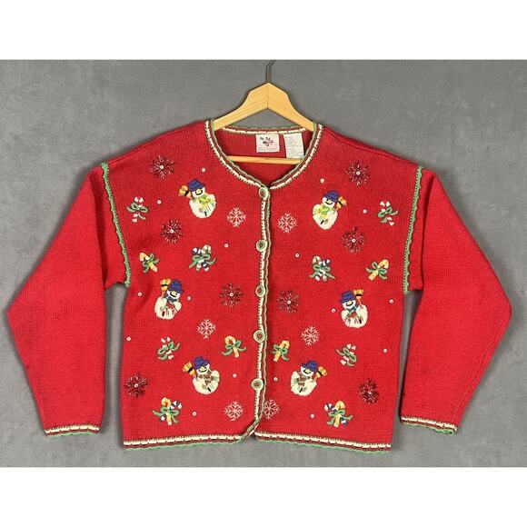 VTG NutCracker Christmas Cardigan Sweater Womens M Red Snowman Embroidered 90s - Picture 2 of 10